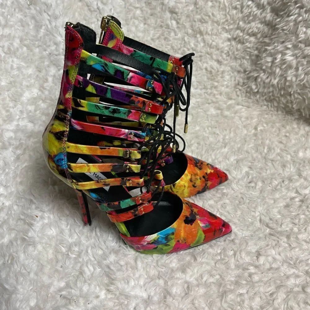 Steve Madden STF Floral Multi color patent lace up Stilettos pointed toe SZ8M